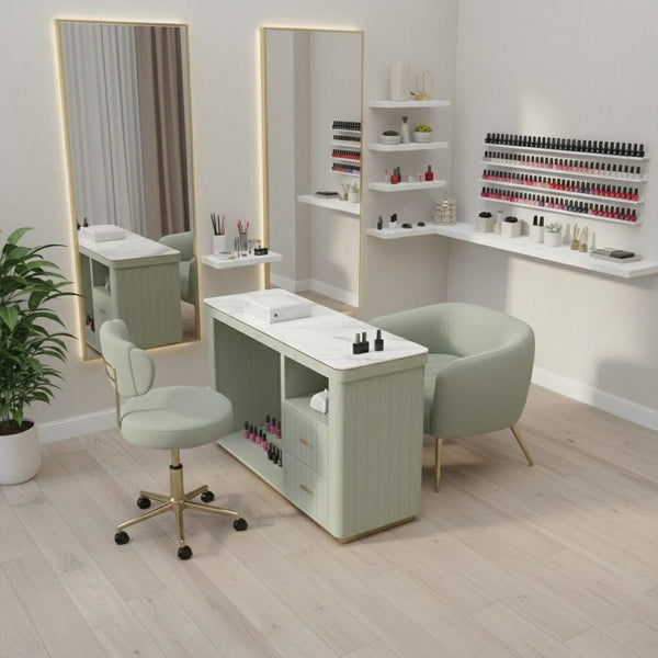 Globalstar Green Manicure Table Set – Single Seat with Two Chairs, Sintered Stone Top, USB Charger and Storage