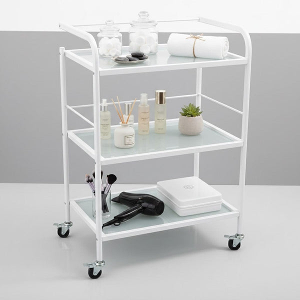 Globalstar Professional 3-Tier Glass Trolley– White Frame with Frosted Glass Shelves for Salon and Home Use