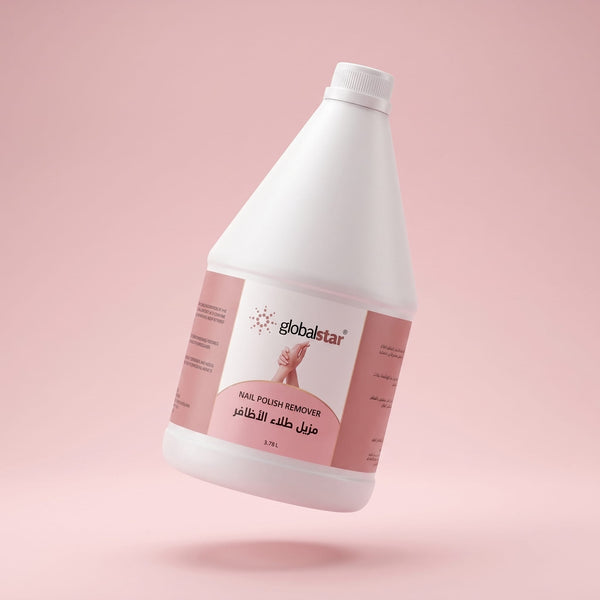 Globalstar Nail Polish Remover 3.78L luxury pink marble flat lay surrounded by pink and red rose gold nail polishes, pink peonies, white roses, cotton pads and cuticle nippers
