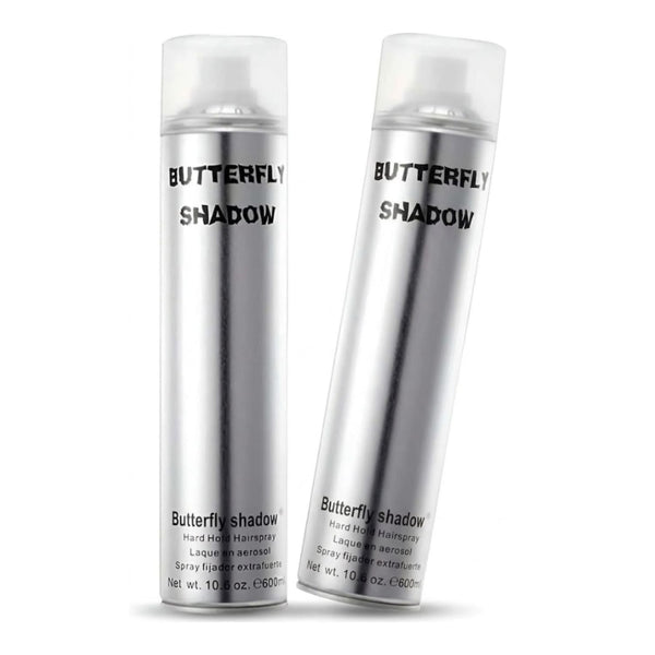 Two silver hair spray bottles labeled 'Butterfly Shadow' on a white background