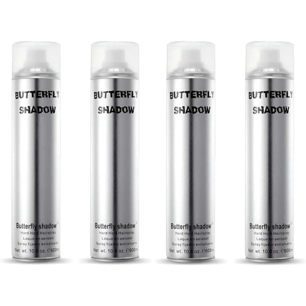 Four silver hair spray bottles labeled 'Butterfly Shadow' on a white background