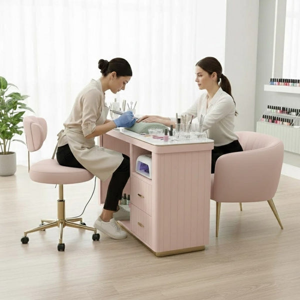 Globalstar Pink Manicure Table Set – Single Nail Station with Two Chairs, Sintered Stone Top, USB Charger and Socket