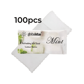 Globalstar Refreshing Wet Towel Mint 100pcs - Premium Mint-Scented Cotton Towels for Ultimate Freshness and Hygiene