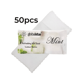 Globalstar Refreshing Wet Towel Mint 50pcs - Premium Mint-Scented Cotton Towels for Ultimate Freshness and Hygiene