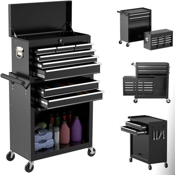 Globalstar On Shine 8-Drawer Rolling Tool Chest – Heavy-Duty Steel Storage Cabinet with Wheels & Lockable Top Box for Garage, Salon & Warehouse (Cool Black)
