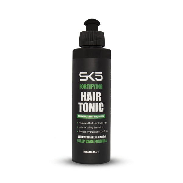 SK5 Fortifying Hair Tonic 200ml product shot on white background showing full label with Vitamin E and Menthol scalp care formula