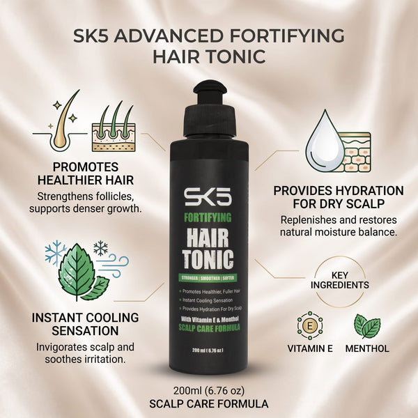 SK5 Fortifying Hair Tonic 200ml infographic showing key benefits: promotes healthier fuller hair, instant cooling sensation, hydration for dry scalp, Vitamin E and Menthol