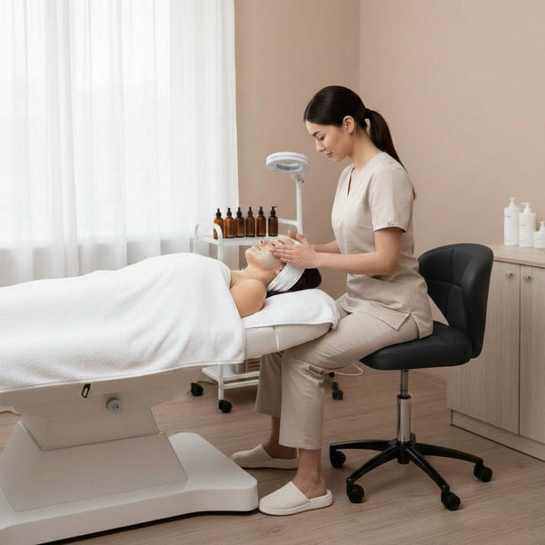 Globalstar LX-3072 Black Stool Chair with Backrest – Rolling Salon Spa Stool with Leather Padding