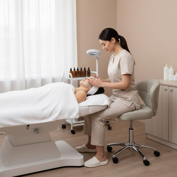 Globalstar LX-3072 Beige Stool Chair with Backrest – Rolling Salon Spa Stool with Leather Padding