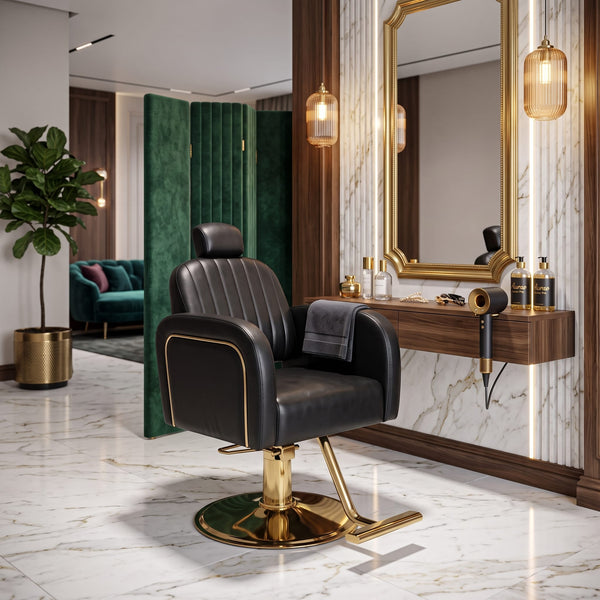 Globalstar Makeup Chair Black B641 – Premium Salon Chair with Gold Base, Reclining, 360° Rotation & Height Adjustment