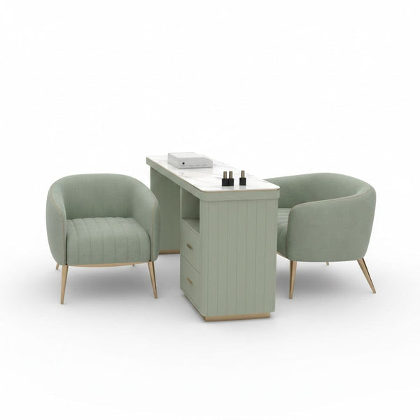 Globalstar Green Manicure Table Set – Single Seat with Two Chairs, Sintered Stone Top, USB Charger and Storage