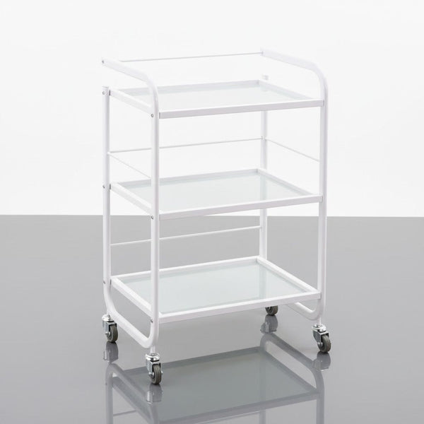 Globalstar Professional 3-Tier Glass Trolley– White Frame with Frosted Glass Shelves for Salon and Home Use